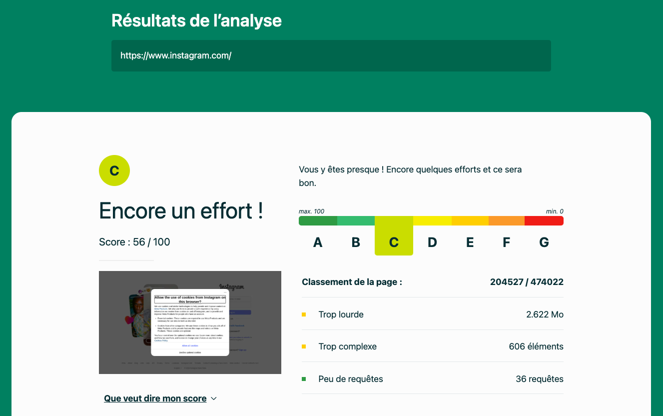 Analyse du bilan carbone du site instagram par l'écoindex